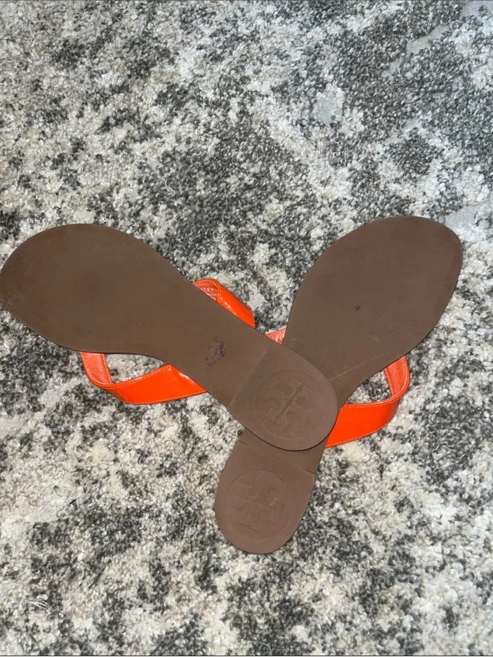 Tory Burch Brown Footbed Orange Leather Thong Sandals